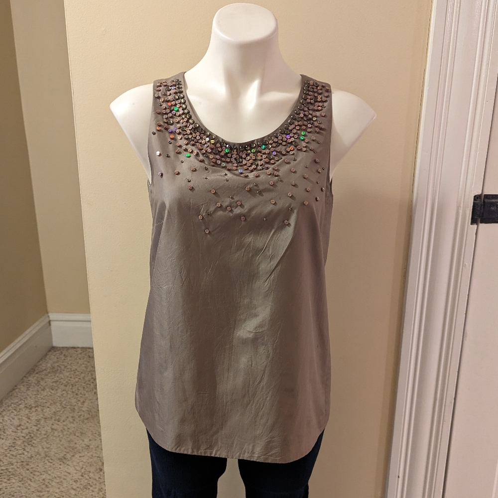 J. Crew tan silk tank top with beading and sequin details size 4